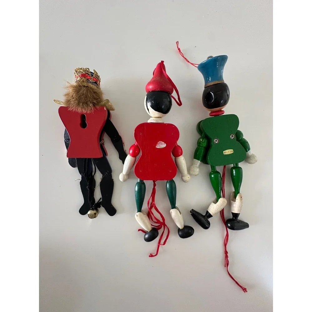 Pull String Wood King Pinocchio Nutcracker Christmas‎ Ornament 3 Pc Painted